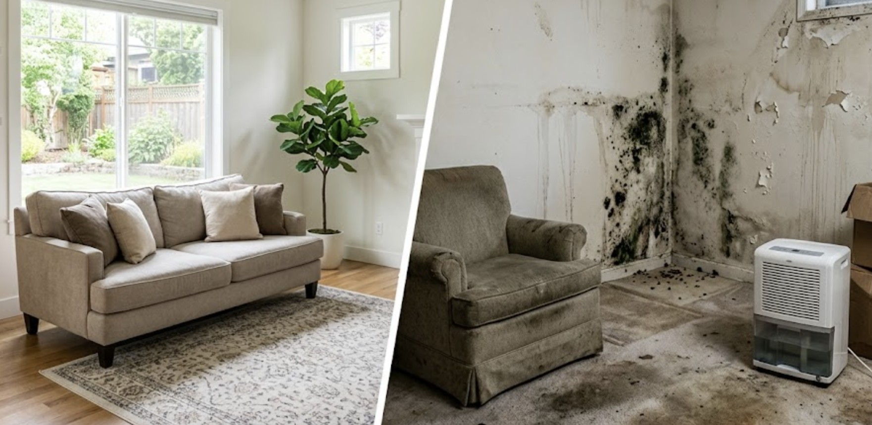 A split-scene image showing a dry, well-maintained home vs. a damp home with visible mold, pests, and water damage.