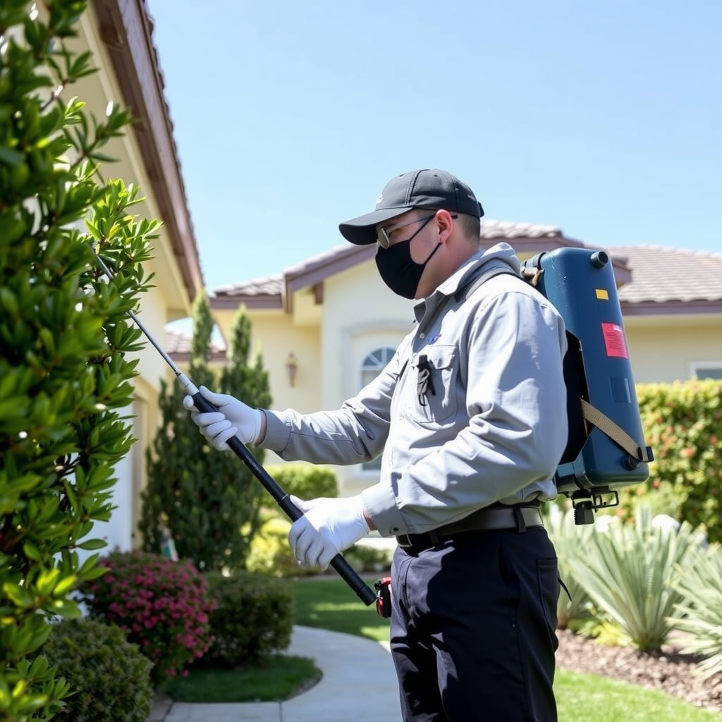 A professional pest control technician in uniform inspecting a home exterior in Ventura, CA.