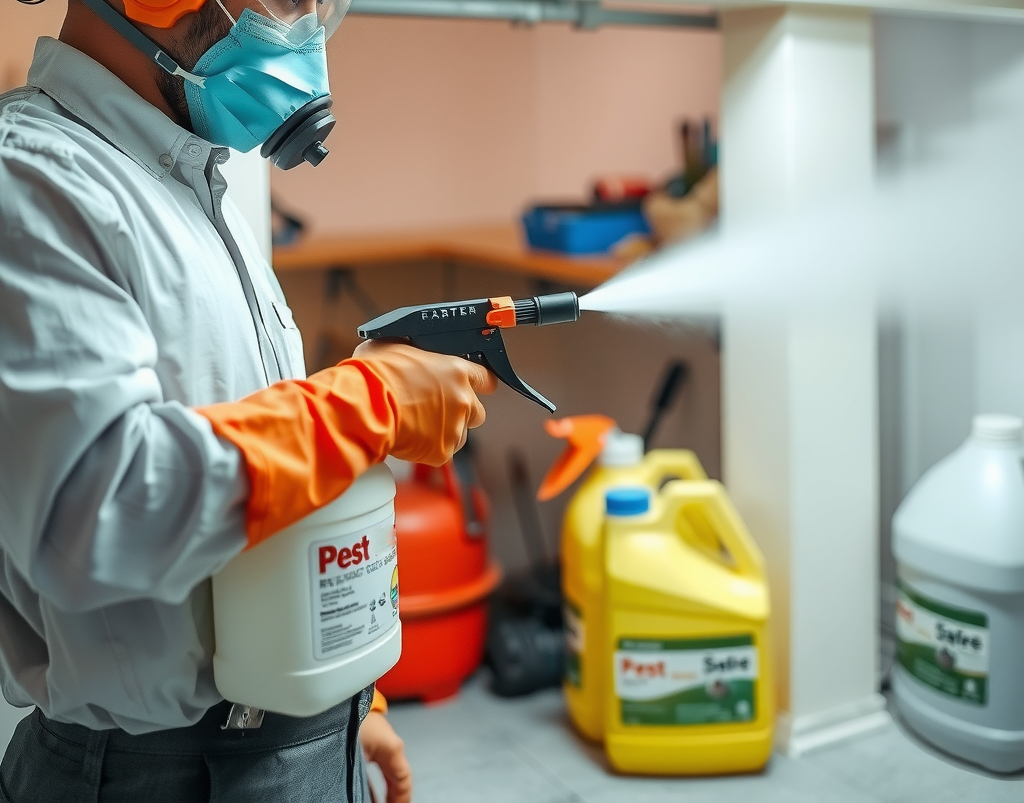 A professional pest control technician wearing full protective gear—gloves, mask, goggles—spraying pesticide in a residential basement.