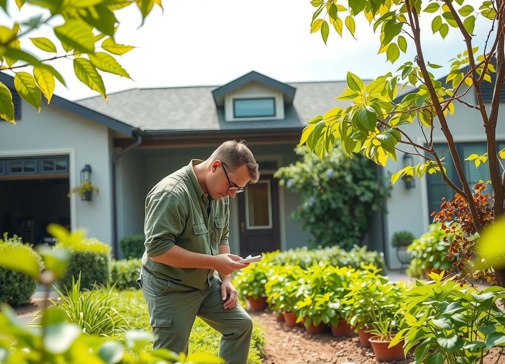 A pest control technician in eco-friendly gear using smart equipment (tablet, sensor, or motion-activated trap) near a garden