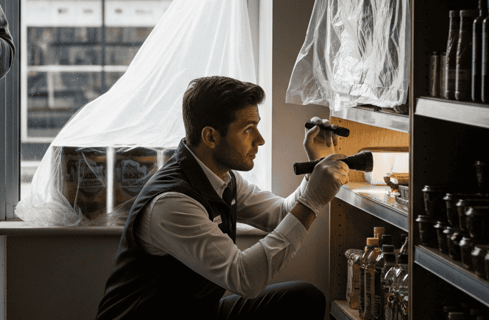 a professional pest technician inspects the premises.