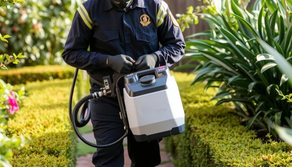 A uniformed pest control technician from Insight Pest Management discreetly sprays along the garden perimeter, focusing on prevention and safety.