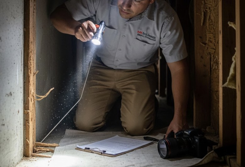 Professional termite inspector inspecting a home for signs of termite damage