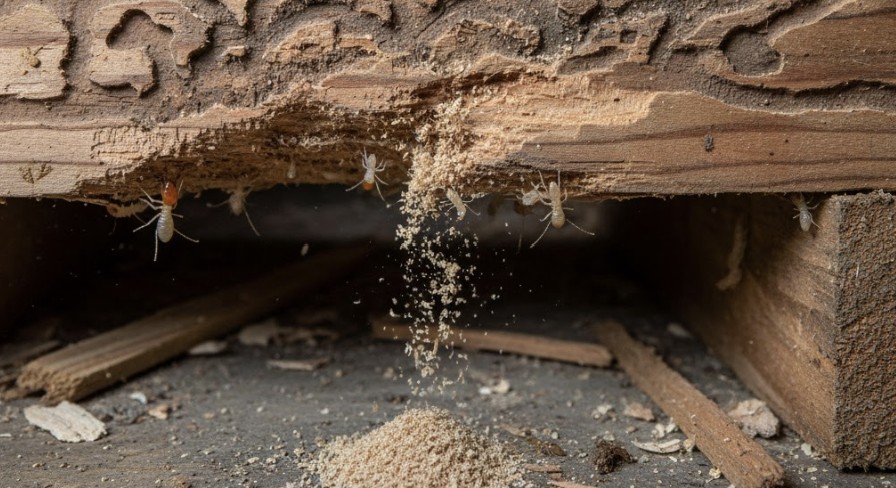 Close-up of termites eating through wooden beams, with wood dust falling and visible damage beneath the structure.