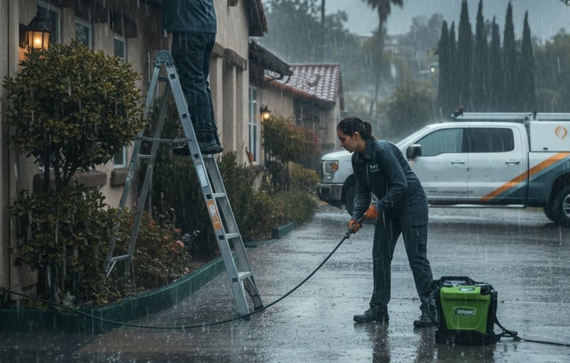 Pest control technicians protecting a Ventura County home during El Niño season.