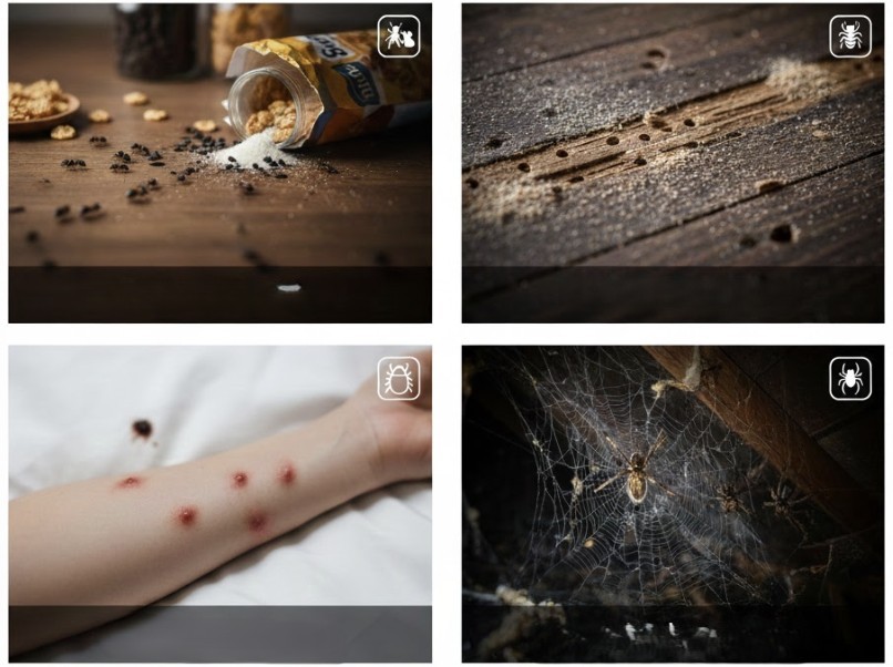 Four-panel image showing signs of pest infestation: visible insects on spilled food, damaged wood, bite marks on skin, and spider webs indicating nests or odors.