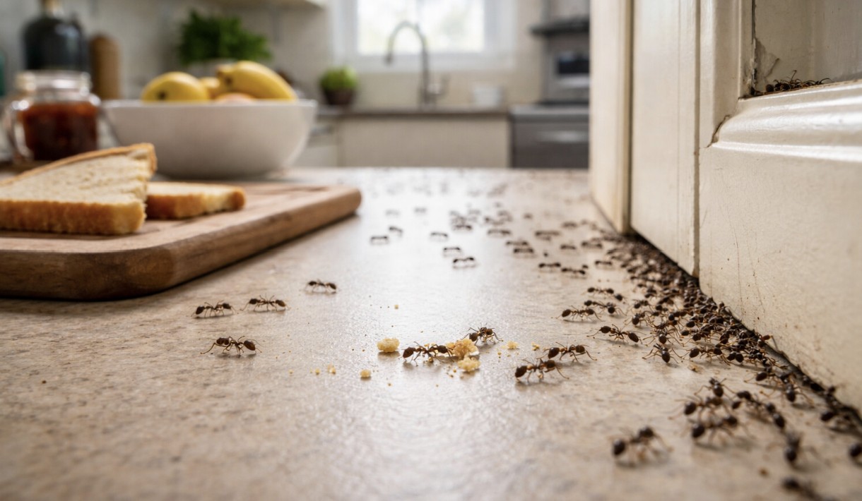 Ants swarm across a kitchen countertop, gathering crumbs near a cutting board with sliced bread, with a doorway and fruit bowl visible in the background.