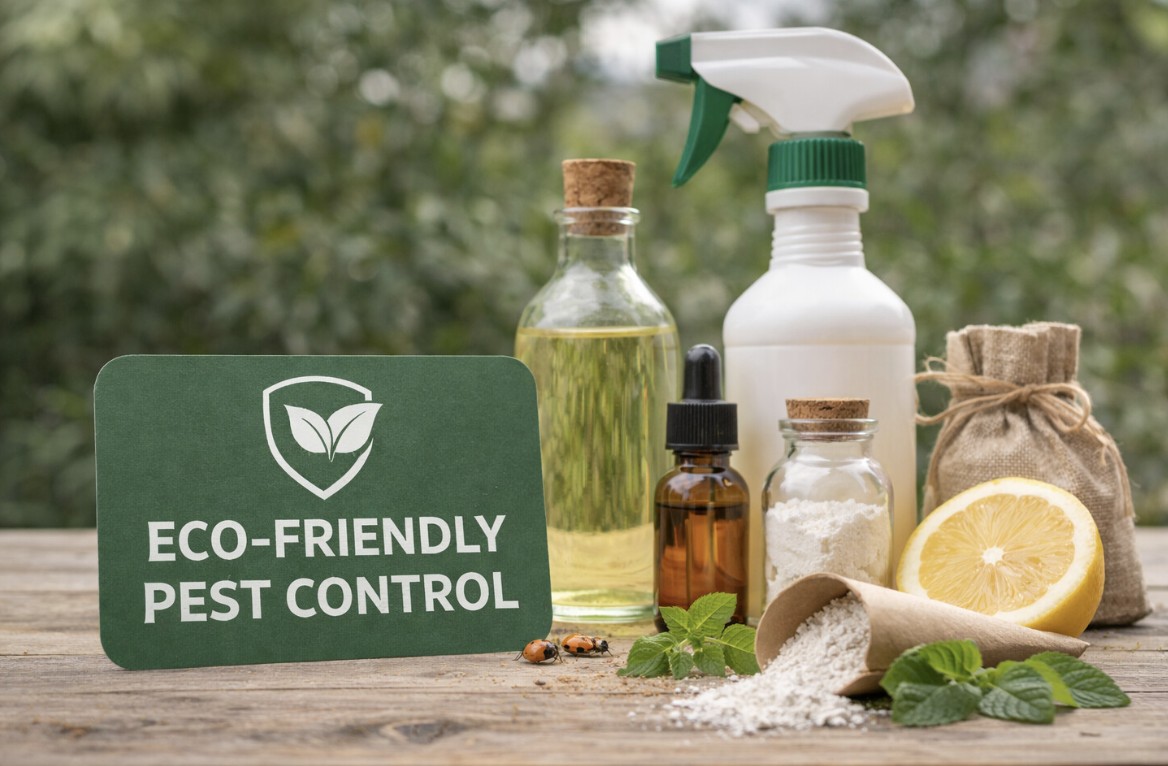 Eco-friendly pest control products arranged on a wooden table, including spray bottles, glass jars with natural ingredients, essential oils, a lemon half, mint leaves