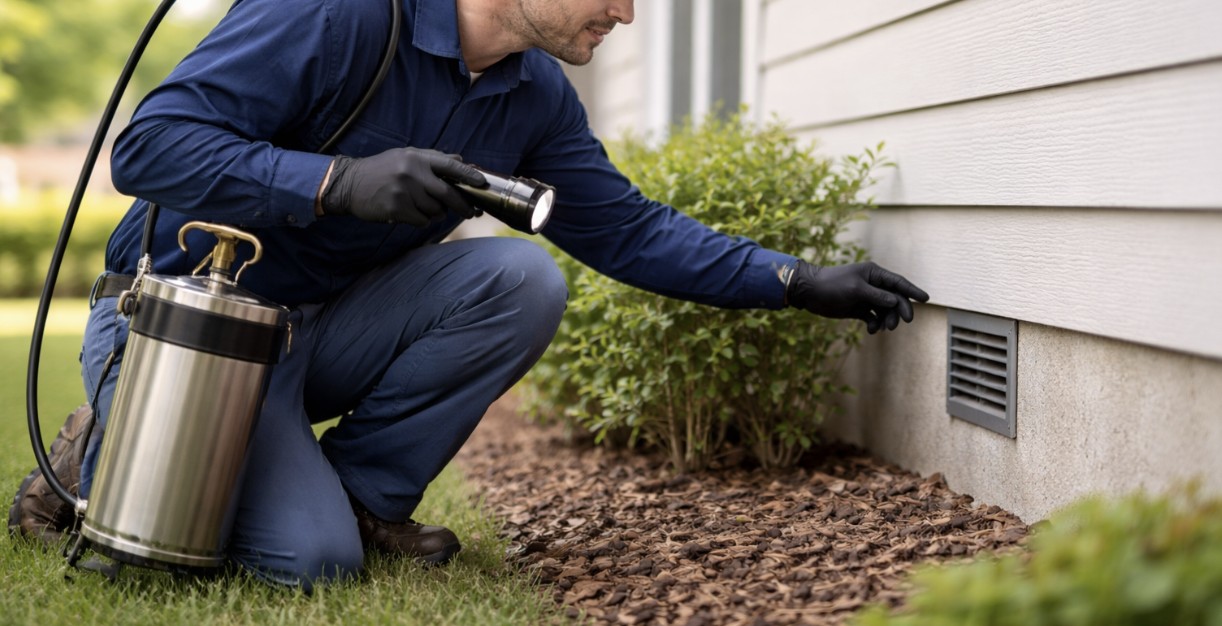 Pest control technician inspecting a home exterior for pests.