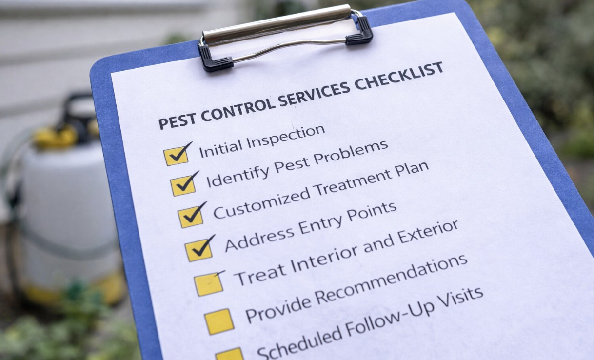 A clipboard displaying a ‘Pest Control Services Checklist’ with several checked items, held outdoors near pest control equipment.