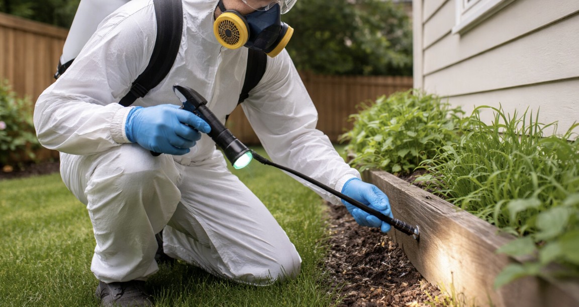 A pest control worker wearing protective coveralls, gloves, and a respirator inspects a garden bed next to a house using a flashlight and probe.