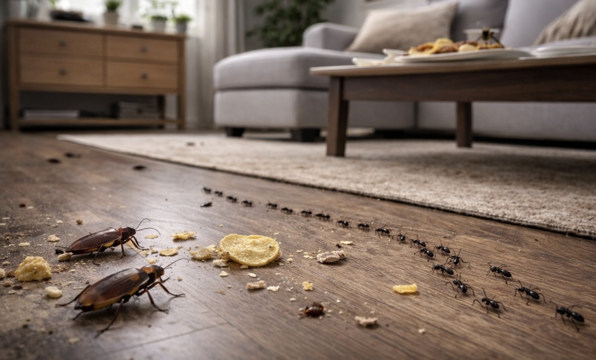 Ants and cockroaches on a living room floor near food crumbs.
