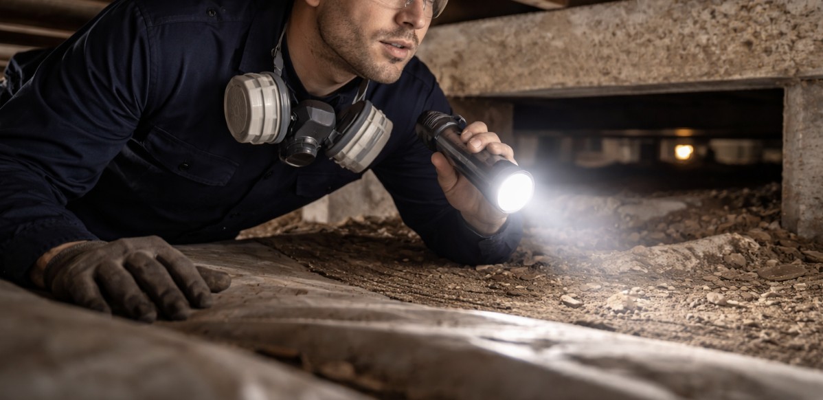 Pest control technician inspecting a crawl space under a home with a flashlight while wearing protective gear.