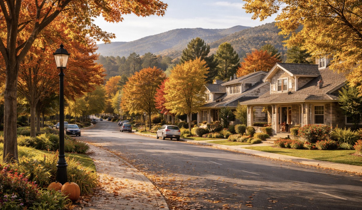 A quiet suburban street lined with houses and parked cars, surrounded by colorful autumn trees with orange and yellow leaves