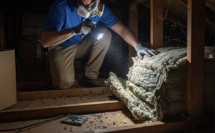 Pest control professional inspecting an attic with flashlight, checking for rodent activity