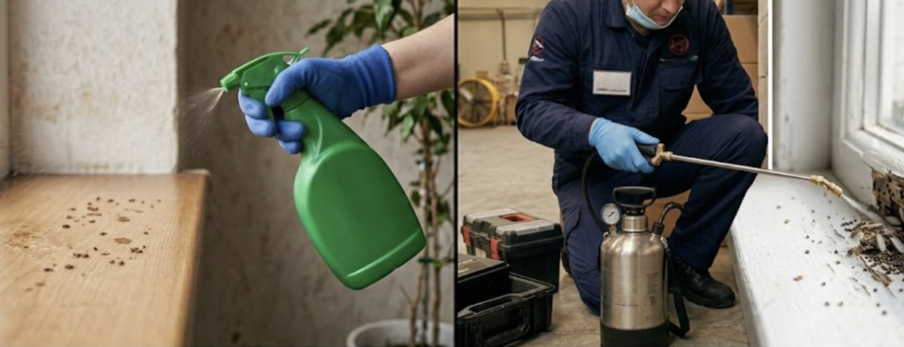 Side-by-side comparison image: DIY spray bottle vs professional pest control equipment