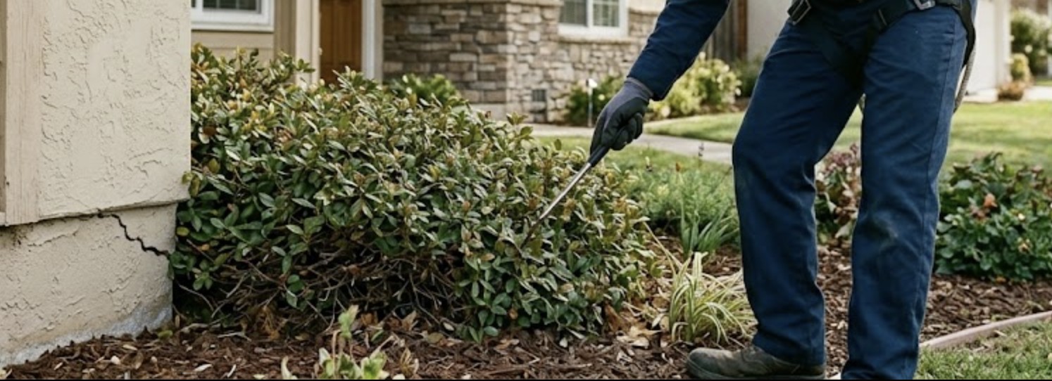 A pest control professional inspecting the exterior of a house