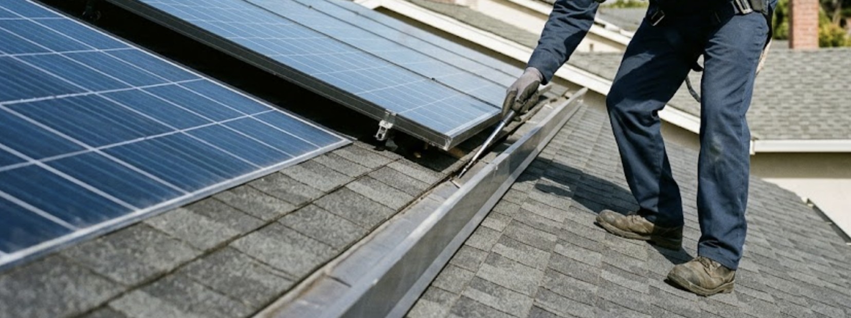 A pest control expert in uniform examining roof edges and solar panels