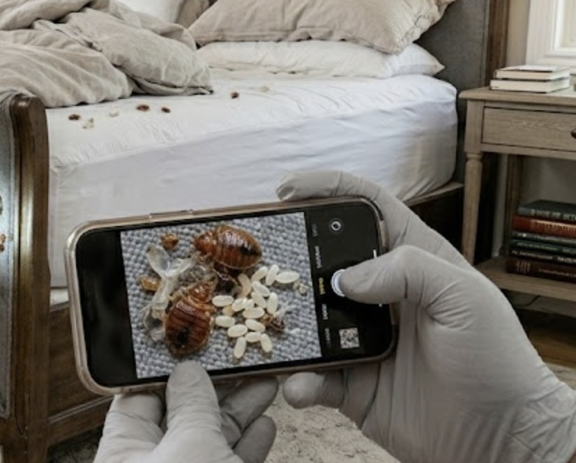 Expert technician inspecting mattress seams and bedding for bed bugs
