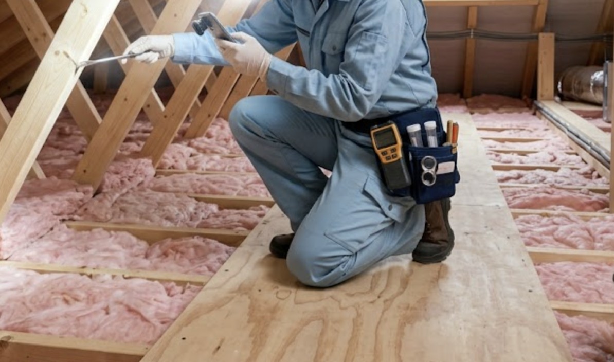 An entomologist performing a termite inspection in a clean attic space