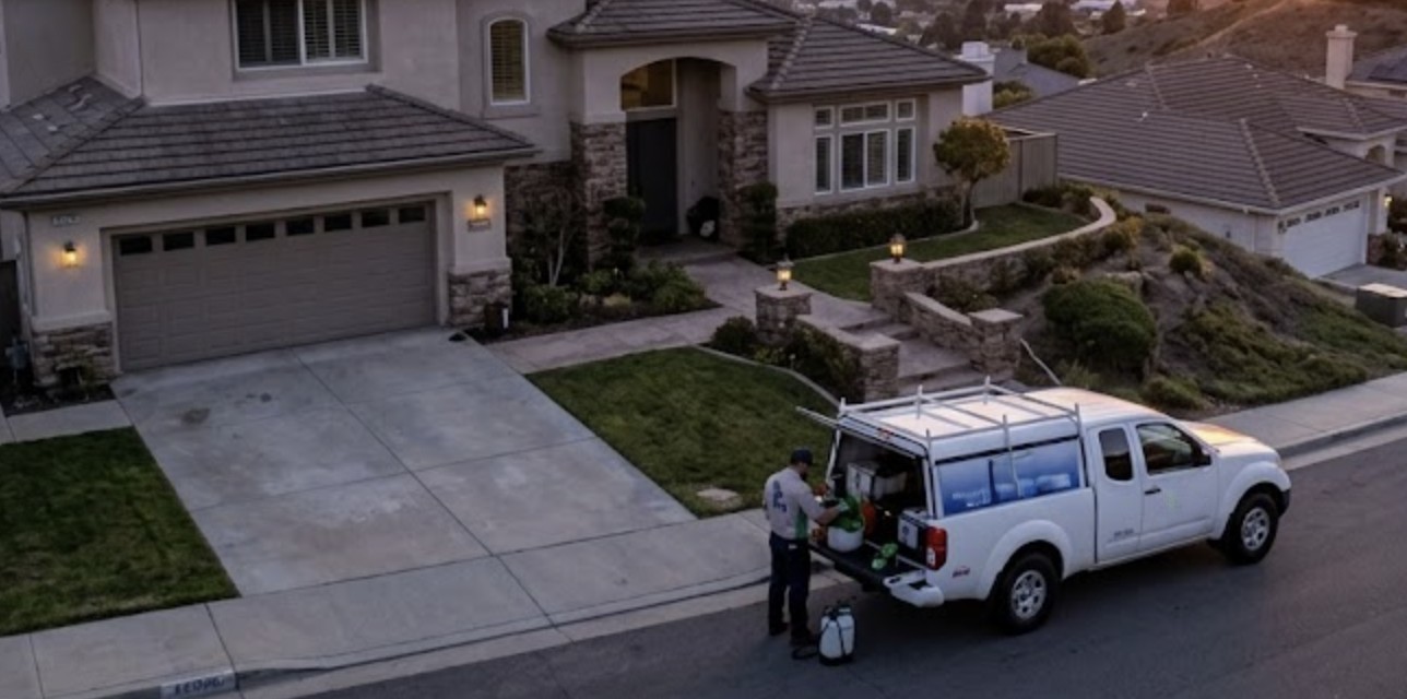A professional pest control service visit in a quiet Ventura County neighborhood,