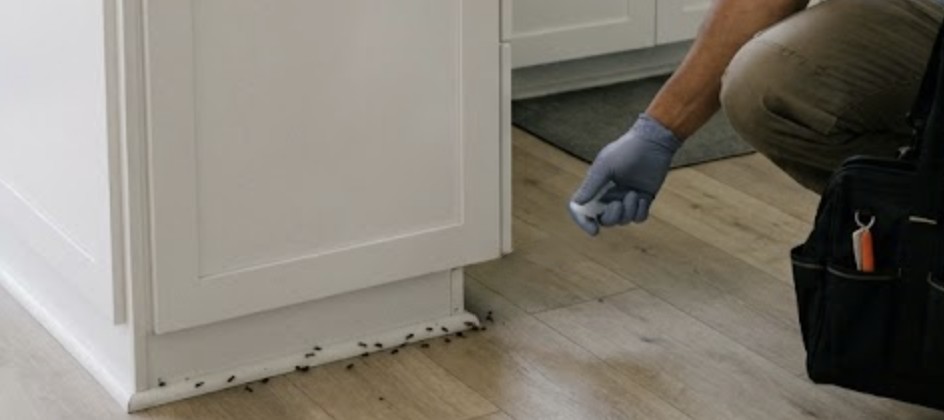 Interior scene of a clean Burbank kitchen where a pest control professional is carefully treating an ant problem