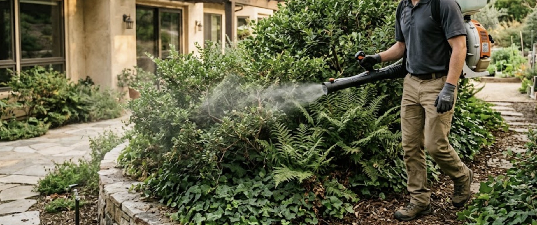 Professional mosquito control technician from Insight Pest Management treating shaded vegetation around a Ventura County home