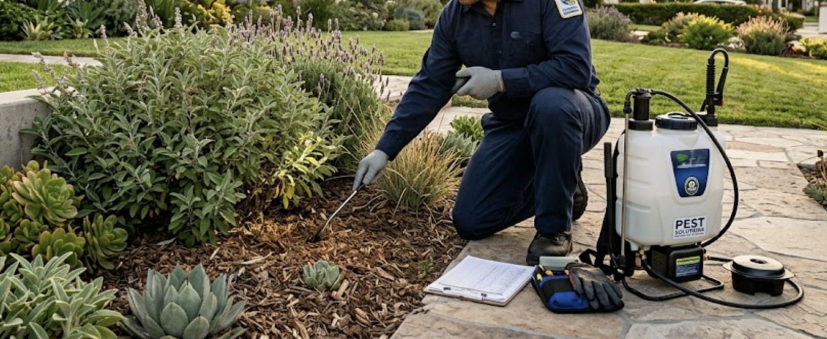 A suburban Camarillo home during golden hour with a licensed pest control technician inspecting the exterior landscaping