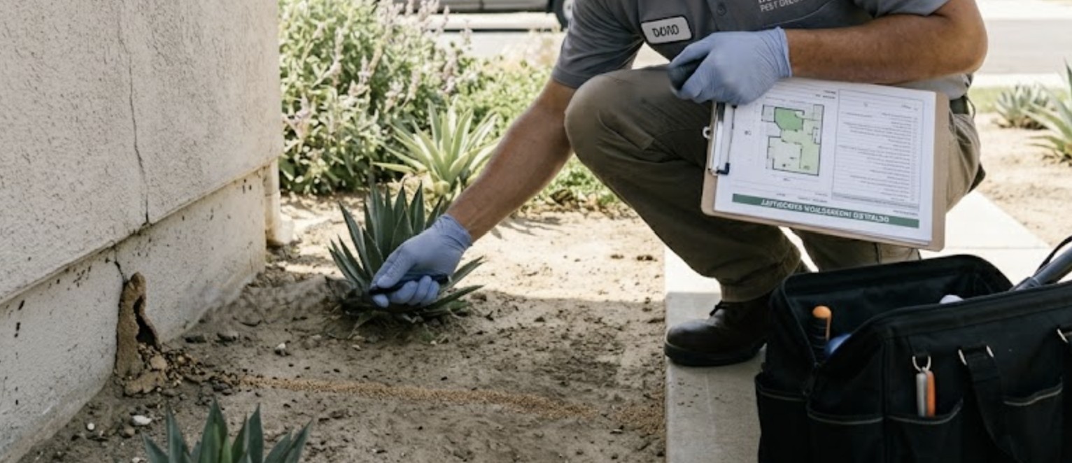 A uniformed pest control expert performing a detailed inspection around a Chatsworth home