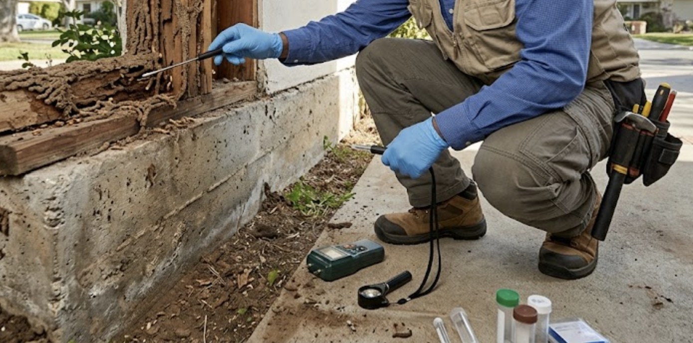 A pest control technician examining termite damage near a residential home foundation in Encino, California,