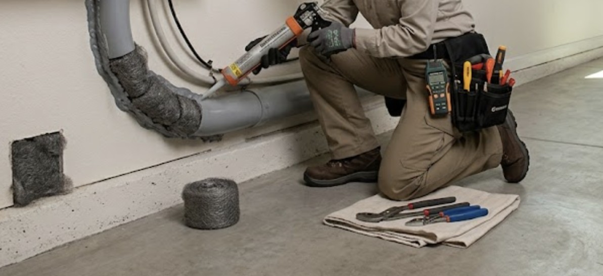 A rodent exclusion service in a residential garage, showing a technician sealing wall gaps and utility penetrations in a clean California home.