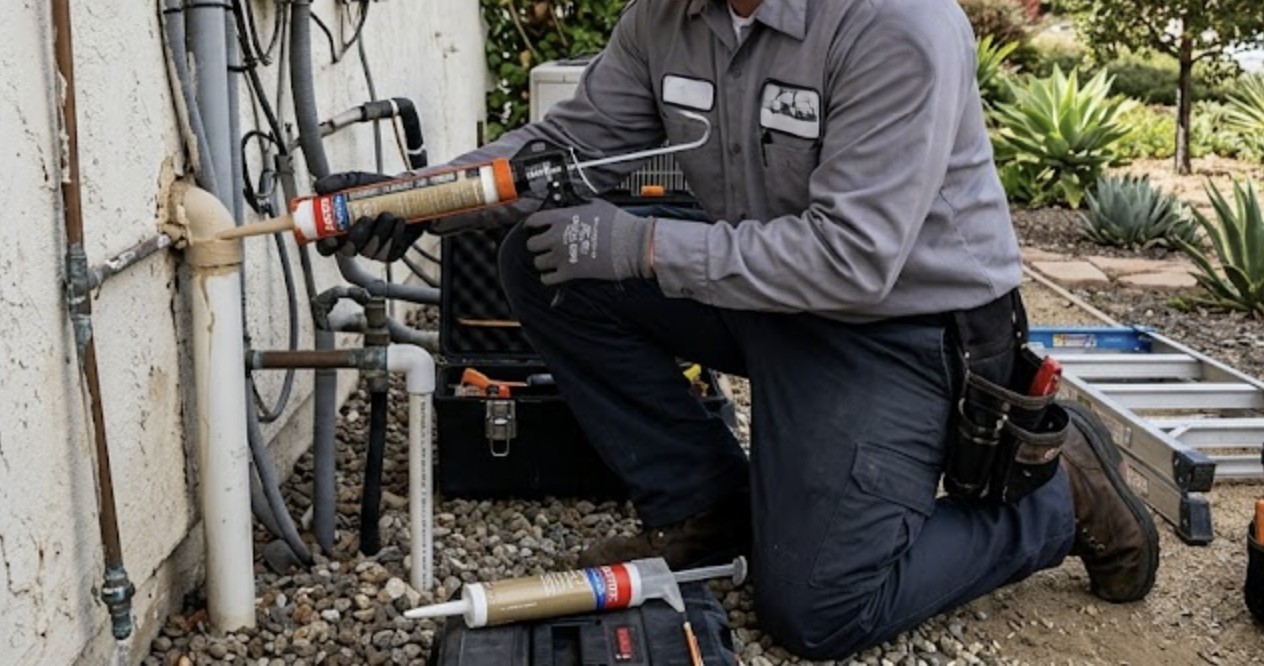 Professional pest control technician sealing exterior cracks around utility lines on a residential home in Ventura County