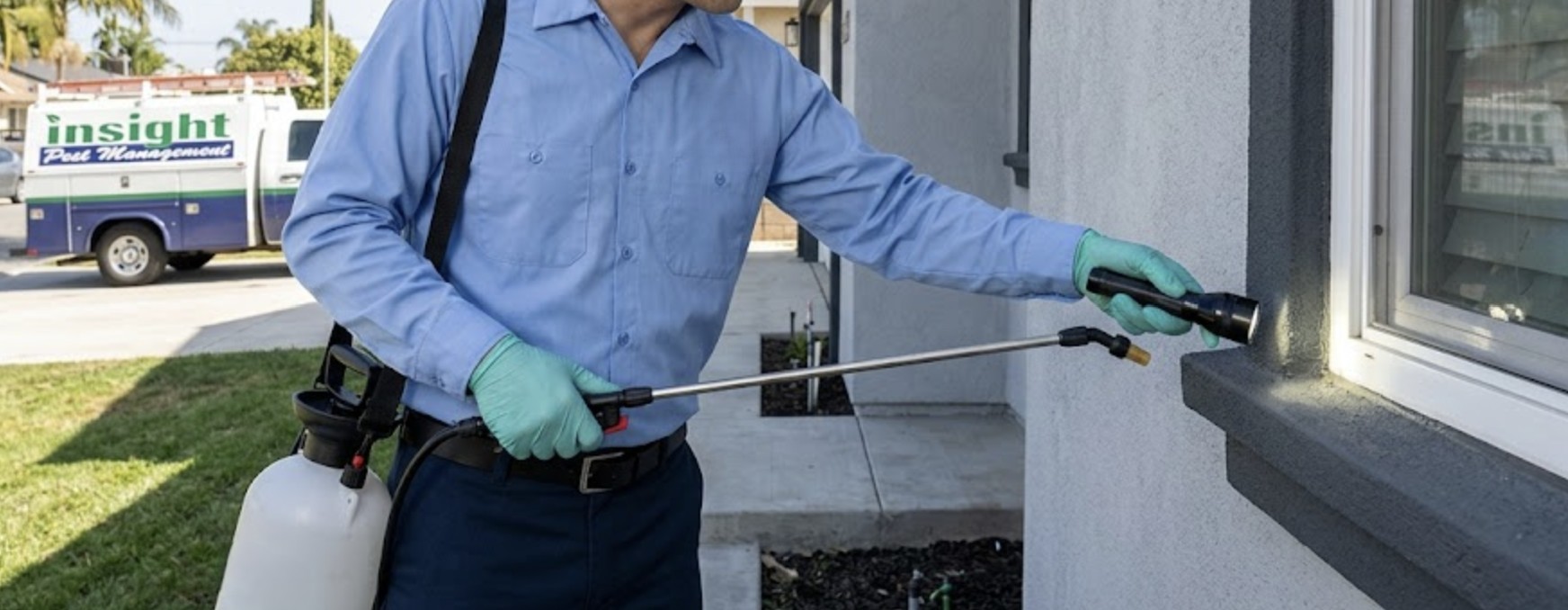 A pest control technician from Insight Pest Management servicing a residential home in North Hollywood