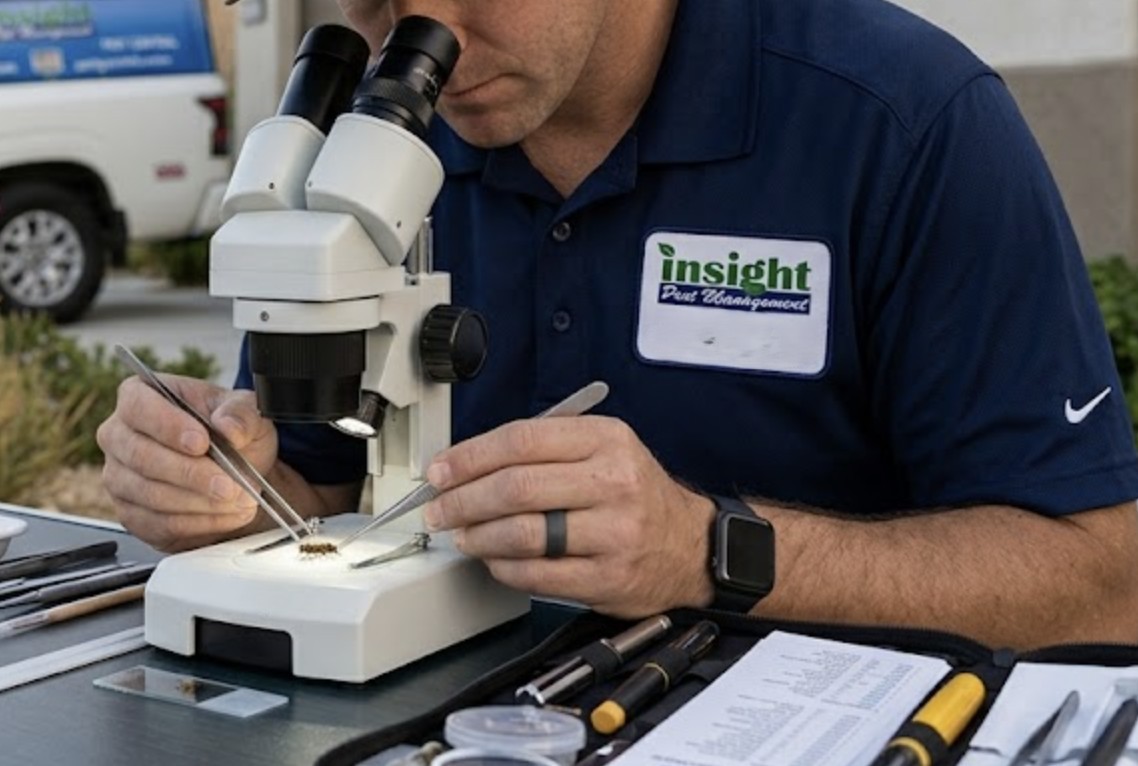A certified entomologist from Insight Pest Management examining insects and identifying pests using professional tools
