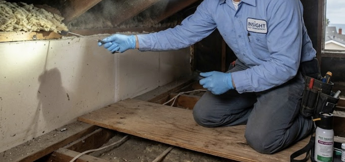 A pest control technician from Insight Pest Management inspecting a coastal Port Hueneme home attic with flashlight and inspection tools