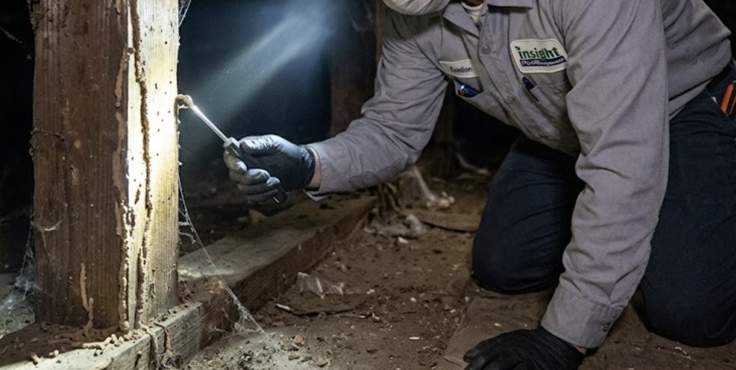 Insight Pest Management technician performing a termite inspection in an older Studio City home