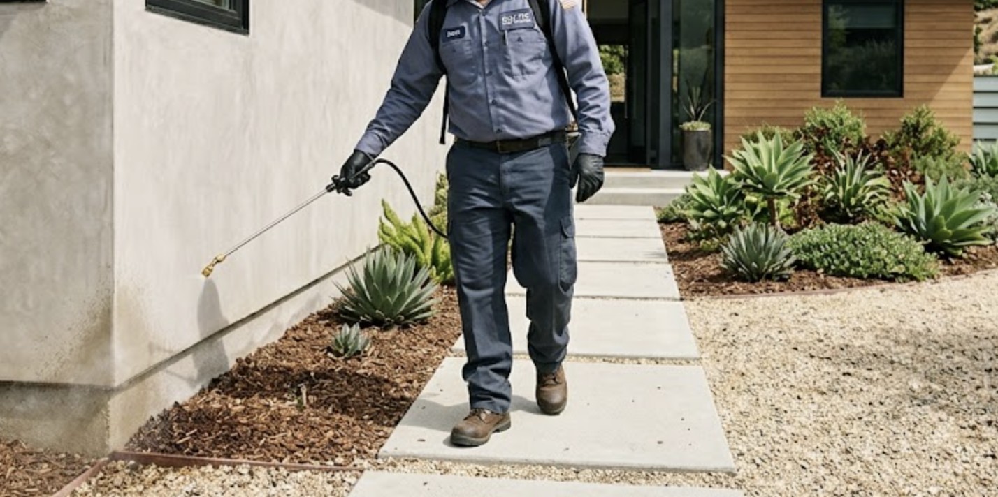 A professional pest technician applying targeted exterior perimeter treatment around a modern Tarzana house