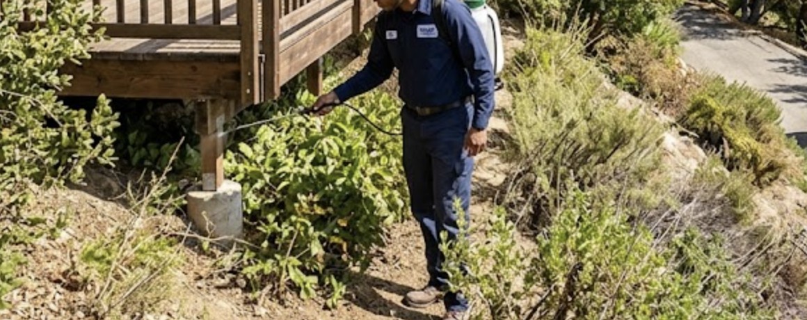 A professional pest control technician from Insight Pest Management inspecting a hillside residential home surrounded by natural vegetation.
