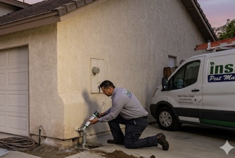 A suburban Van Nuys home exterior at sunset with an Insight Pest Management technician sealing rodent entry points
