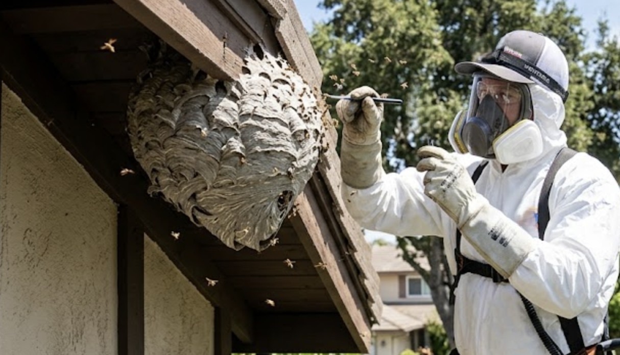 Pest control technician in protective gear inspecting a large wasp nest under a suburban home roof in Ventura County