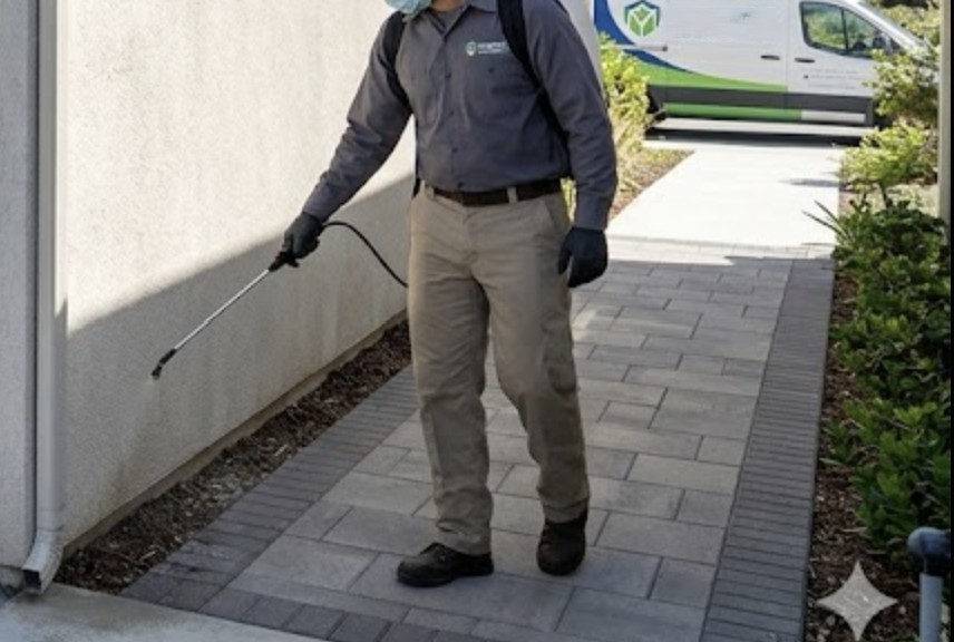 An Insight Pest Management technician performs preventative treatment in a clean, modern backyard.