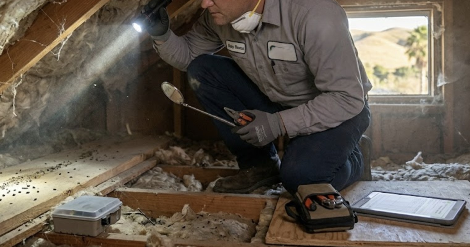Attic inspection scene showing an Insight Pest Management technician using a flashlight to identify rodent activity inside a California home.