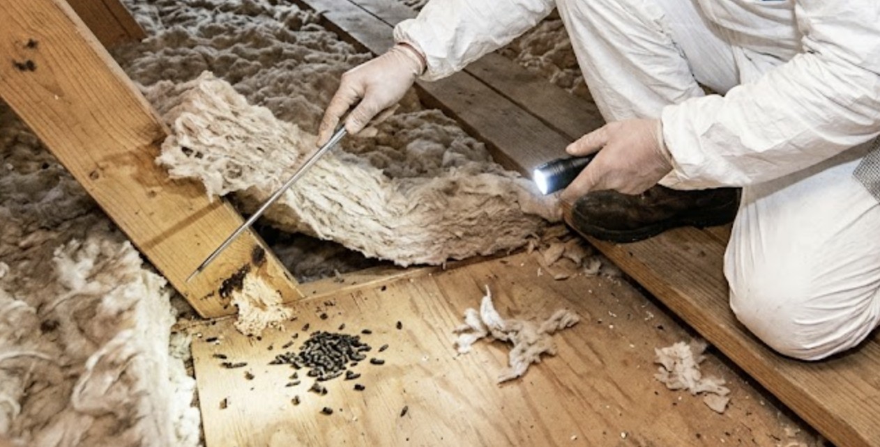 Technician in attic space inspecting insulation and looking for rodent signs