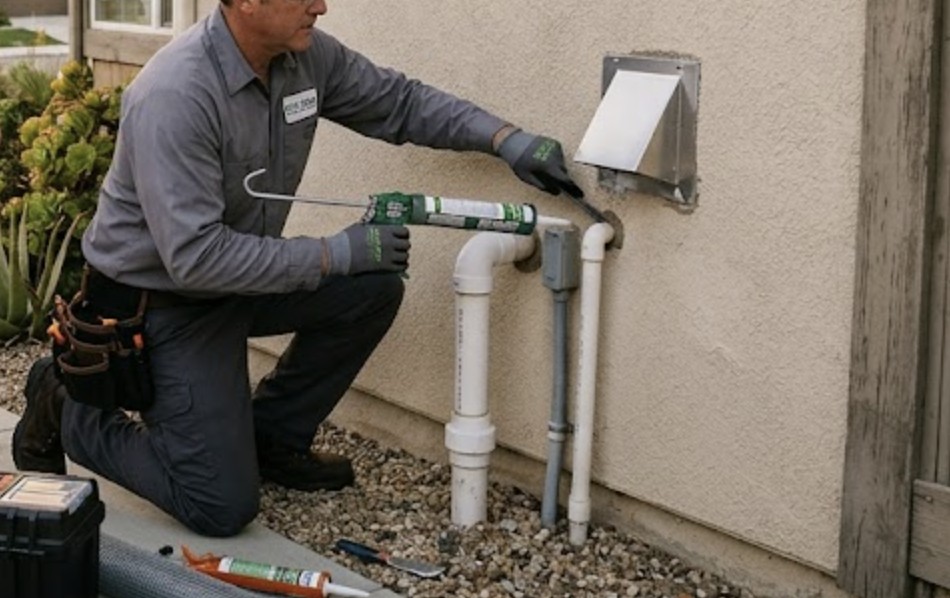 Pest control expert sealing openings around exterior pipes and vents while explaining rodent exclusion to homeowners