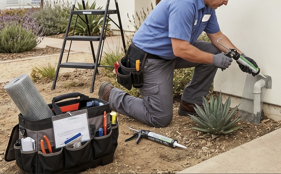 Pest control technician performing poison-free rodent exclusion on a Ventura County home