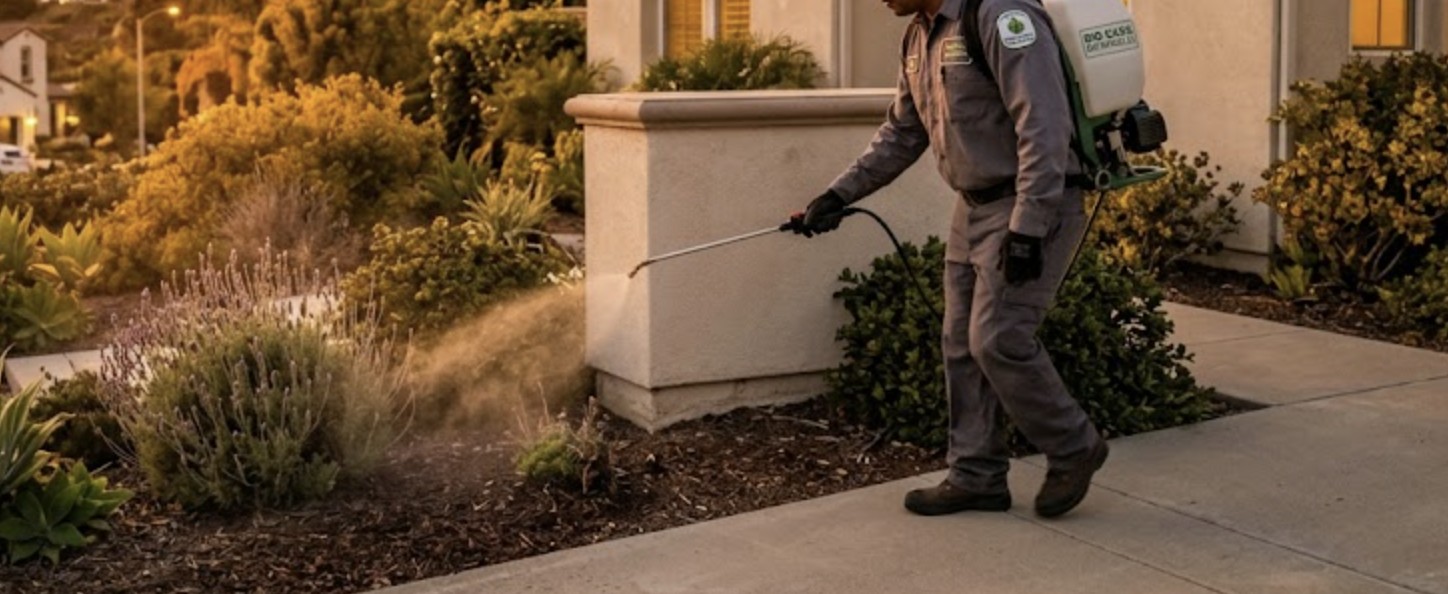 Pest control technician applying botanical treatment around a suburban home in Ventura County at sunset
