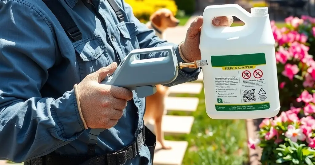 A pest control technician in full PPE, applying eco-friendly pesticide using a modern spray device.