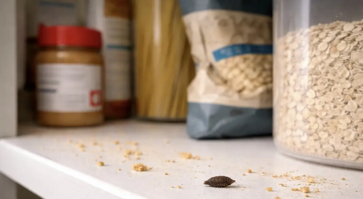 A pantry shelf with containers of oats, pasta, and peanut butter, showing scattered crumbs and a small insect on the surface.