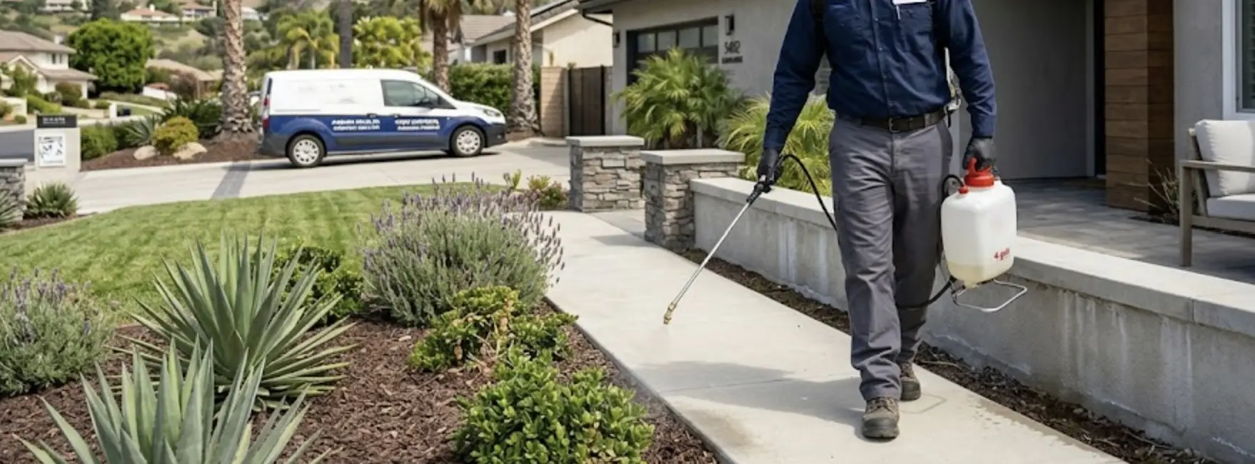 A professional pest control technician in uniform treating the exterior of a modern home in Agoura Hills, California