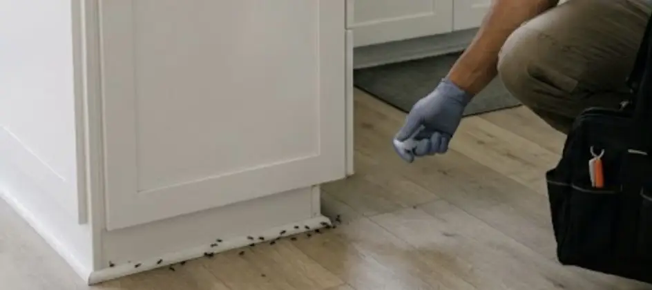 Interior scene of a clean Burbank kitchen where a pest control professional is carefully treating an ant problem
